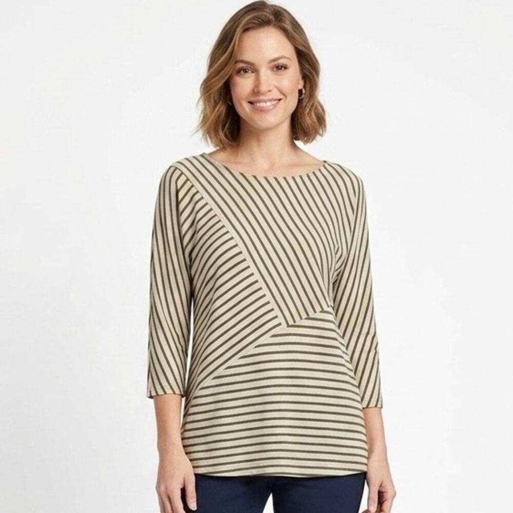 Chico's Women's Lovely Striped Tee Tunic Top 0/XS Green & Cream Dolman Sleeve